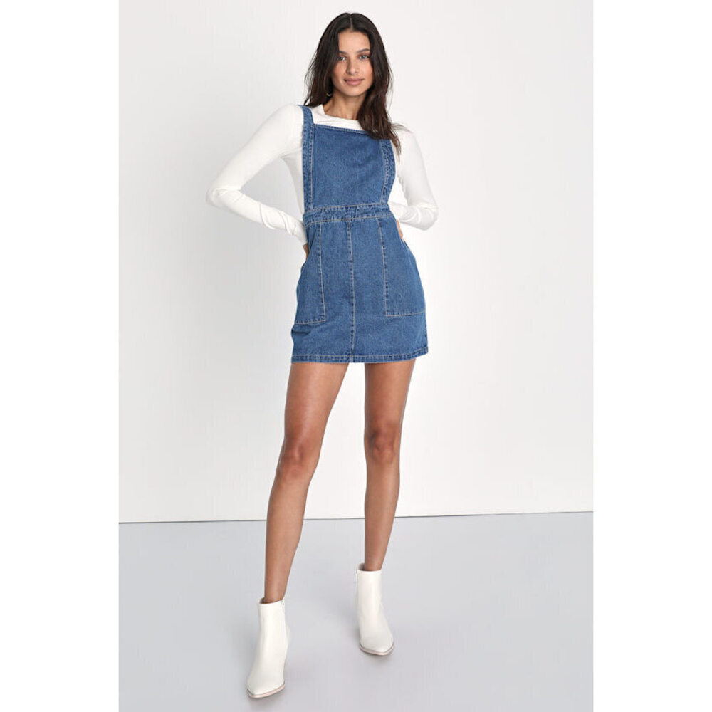Lulus Complete Crush Medium Wash Denim Mini Overall Dress Blue - Size M